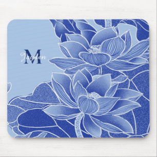Personalized Monogram Blue Flowers Lotus Mandala  Mouse Mat