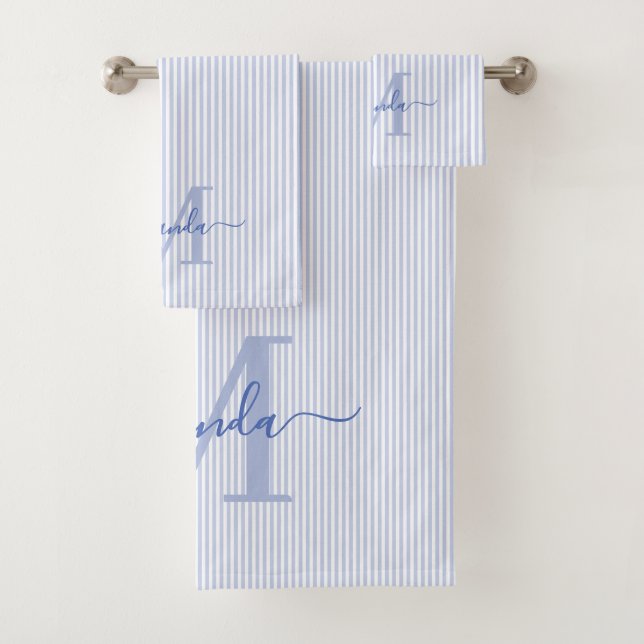 Personalized Monogram Blue & White Stripes Bath Towel Set (Insitu)