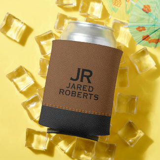 Personalized Monogram Brown & Black Leather Can Cooler
