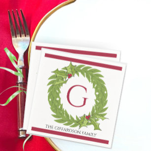 Personalized Monogram Christmas Wreath Cocktail Napkin
