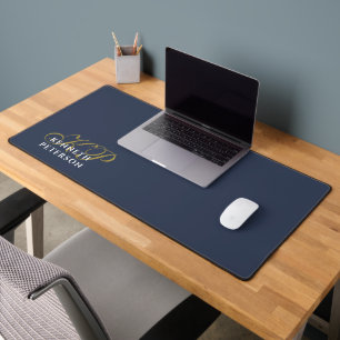 Personalized Monogram Dusty Navy Blue Gold White Desk Mat