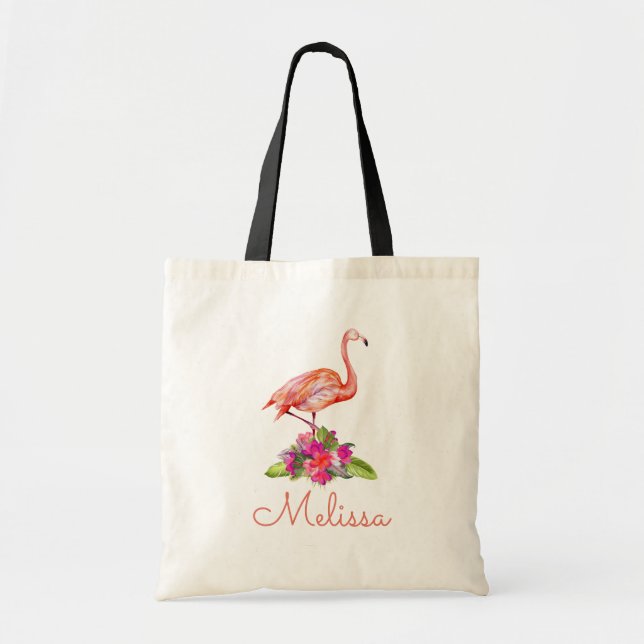 Personalized Monogram Flamingo Tropical Cute Tote Bag (Front)