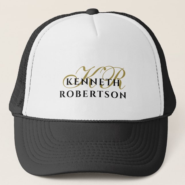 Personalized Monogram Gold Black Minimalist Simple Trucker Hat (Front)