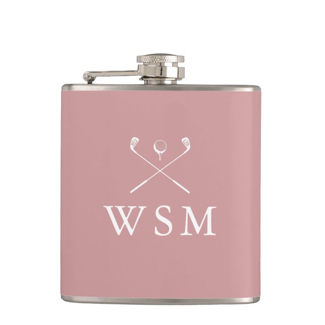 Personalized Monogram Golf Clubs Dusty Rose Pink Hip Flask (Front)