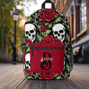 Personalized Monogram Gothic Red Rose and Skull Printed Backpack