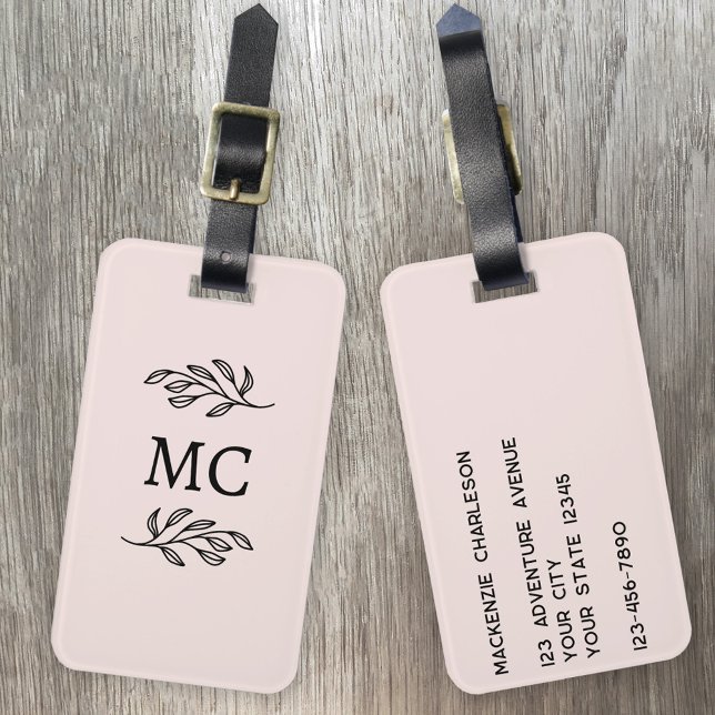 Personalized Monogram Initials Botanical Blush Luggage Tag (Modern monogarm initial name personalized botanical leaf line art minimalist blush pink luggage tag)