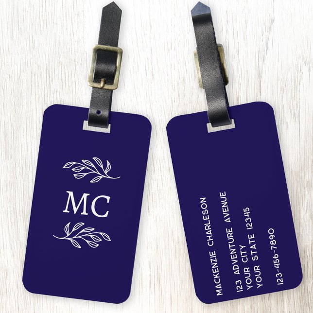 Personalized Monogram Initials Botanical Leaf Luggage Tag (Personalized monogram initial botanical leaf art minimalist navy blue luggage tag)