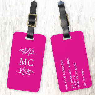 Personalized Monogram Initials Botanical Leaf Pink Luggage Tag