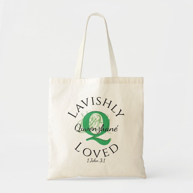 Personalized Monogram LAVISHLY LOVED Green Q Tote Bag (Front)