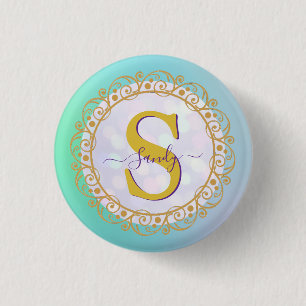Personalized Monogram Mandala Gold and Blue 3 Cm Round Badge
