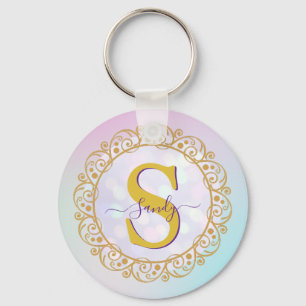 Personalized Monogram Mandala Gold and Blue Key Ring
