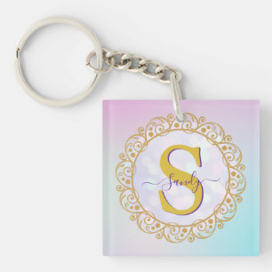 Personalized Monogram Mandala Gold and Blue Key Ring