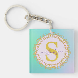 Personalized Monogram Mandala Gold and Blue Key Ring