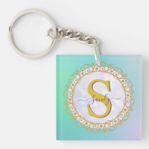 Personalized Monogram Mandala Gold and Blue Key Ring