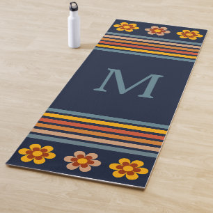 Personalized monogram Navy Blue retro floral Yoga Mat
