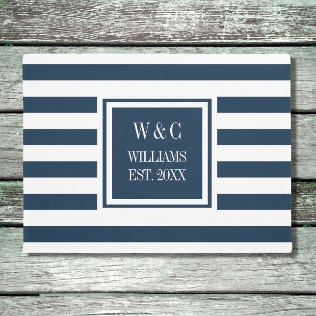 Personalized Monogram Navy Blue White Stripe Doormat (Creator Uploaded)