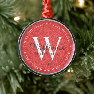 Personalized Monogram Newlywed Red Floral Metal Tree Decoration