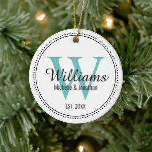 Personalized Monogram Newlywed Teal Green Milgrain Ceramic Tree Decoration
