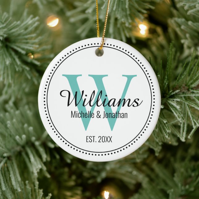 Personalized Monogram Newlywed Teal Green Milgrain Ceramic Tree Decoration (Tree)