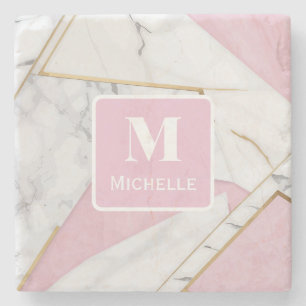 Personalized Monogram Pink & Gold Marble Stone Coaster