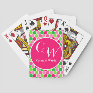 Personalized Monogram Pink Green Cosmo Honeycomb Playing Cards