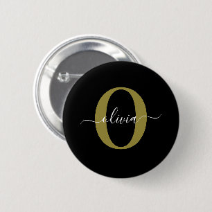 Personalized Monogram Script Name Black White Gold 6 Cm Round Badge