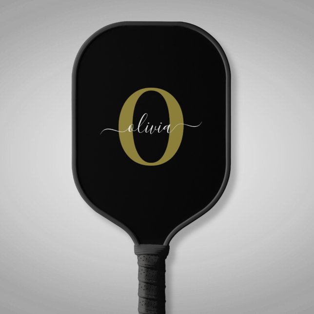 Personalized Monogram Script Name Black White Gold Pickleball Paddle (Creator Uploaded)
