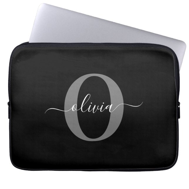 Personalized Monogram Script Name Black White Gray Laptop Sleeve (Front)