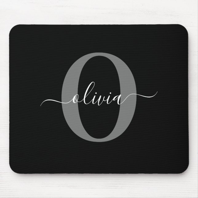 Personalized Monogram Script Name Black White Gray Mouse Mat (Front)