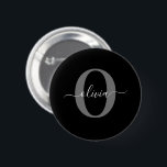 Personalized Monogram Script Name Black White Grey 6 Cm Round Badge<br><div class="desc">This elegant monogram and stylish script name design can be given as a gift for a birthday, wedding, bridal shower, anniversary, Mother's Day or any occasion. It can be personalized with the person's initial and name. You can change the font, font color, font size and background color using the Design...</div>