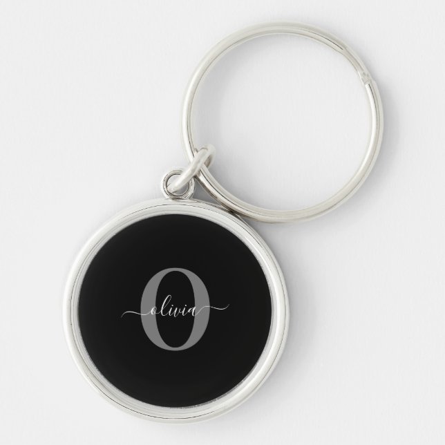 Personalized Monogram Script Name Black White Grey Key Ring (Front)