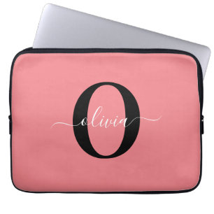Personalized Monogram Script Name Black White Pink Laptop Sleeve