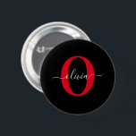 Personalized Monogram Script Name Black White Red 6 Cm Round Badge<br><div class="desc">This elegant monogram and stylish script name design can be given as a gift for a birthday, wedding, bridal shower, anniversary, Mother's Day or any occasion. It can be personalized with the person's initial and name. You can change the font, font color, font size and background color using the Design...</div>