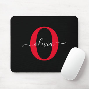 Personalized Monogram Script Name Black White Red Mouse Mat