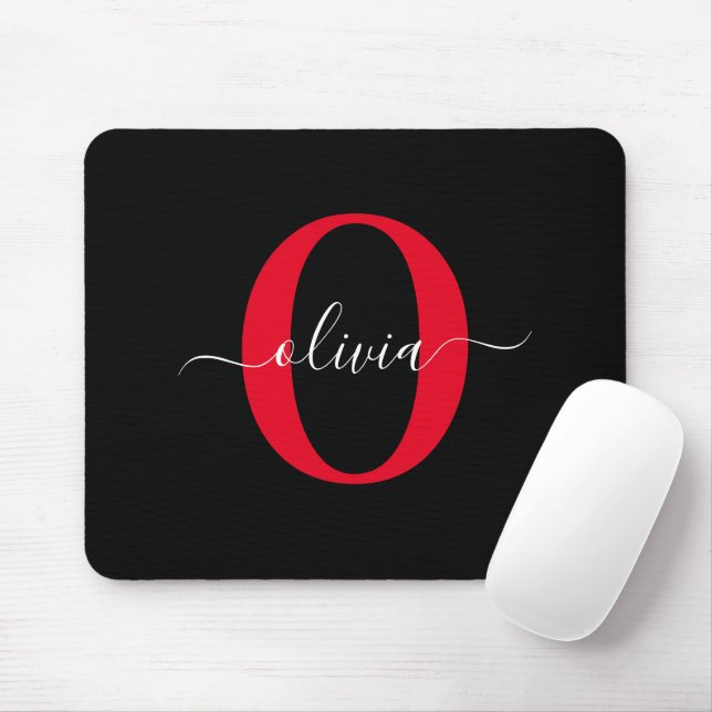 Personalized Monogram Script Name Black White Red Mouse Mat (With Mouse)