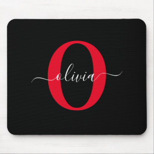 Personalized Monogram Script Name Black White Red Mouse Mat