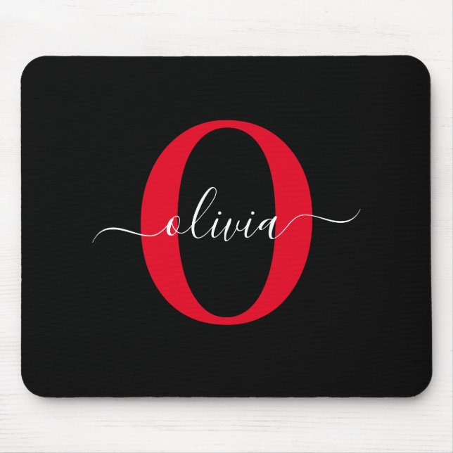 Personalized Monogram Script Name Black White Red Mouse Mat (Front)