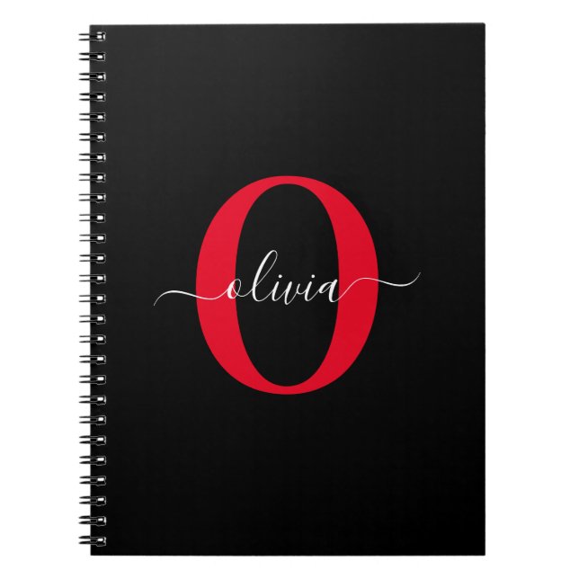 Personalized Monogram Script Name Black White Red Notebook (Front)