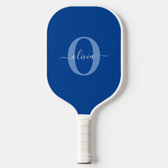 Personalized Monogram Script Name Blue White Pickleball Paddle (Front)