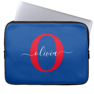 Personalized Monogram Script Name Blue White Red Laptop Sleeve