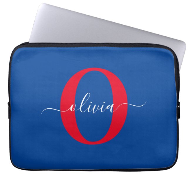Personalized Monogram Script Name Blue White Red Laptop Sleeve (Front)