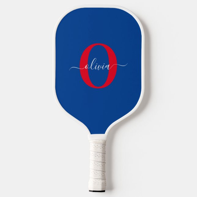 Personalized Monogram Script Name Blue White Red Pickleball Paddle (Back)