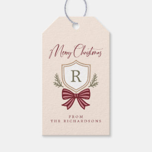 Personalized Monogram Striped Bow Merry Christmas Gift Tags