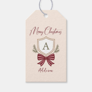 Personalized Monogram Striped Bow Merry Christmas Gift Tags