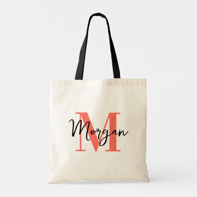 Personalized Monogram Tote – Coral Pink & Black Bag (Back)