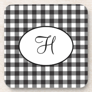 Personalized Monogrammed Black and White Plaid Coaster