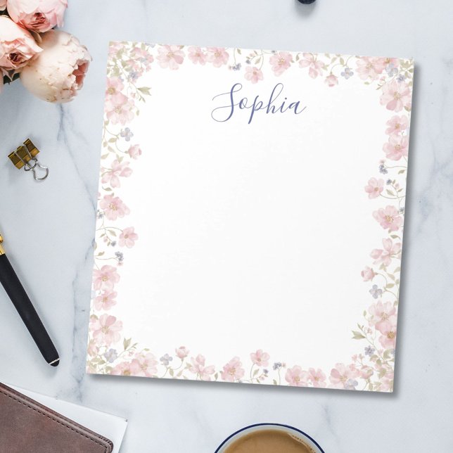 Personalized Monogrammed Pink Flowers Floral Notepad (In situ)