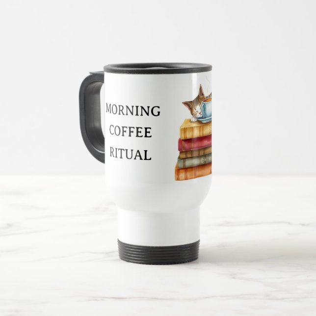 Personalized Morning Coffee Cat Ritual Cozy Travel Mug (Front Left)