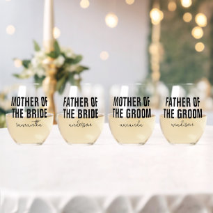 Personalized Mother Father Bride Groom Wedding Stemless Wine Glass