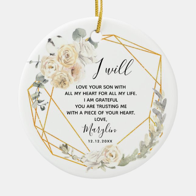 Personalized Mother of the Groom Geometric Floral Ceramic Tree Decoration (Front)